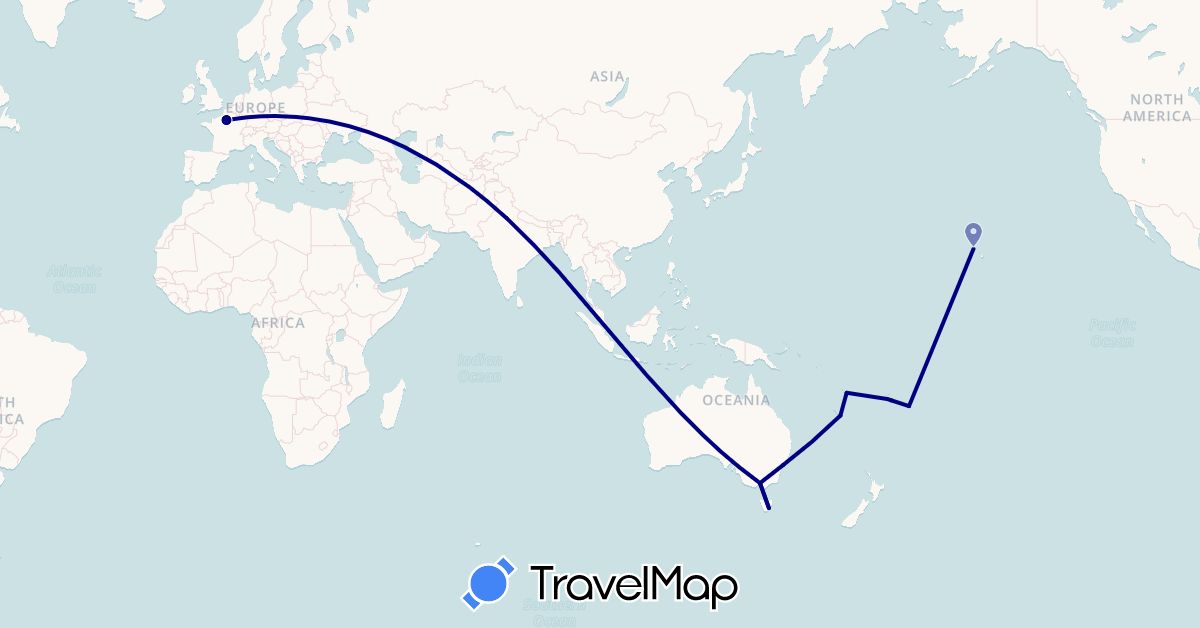 TravelMap itinerary: driving in Australia, Fiji, France, India, Tonga, United States, Vanuatu (Asia, Europe, North America, Oceania)